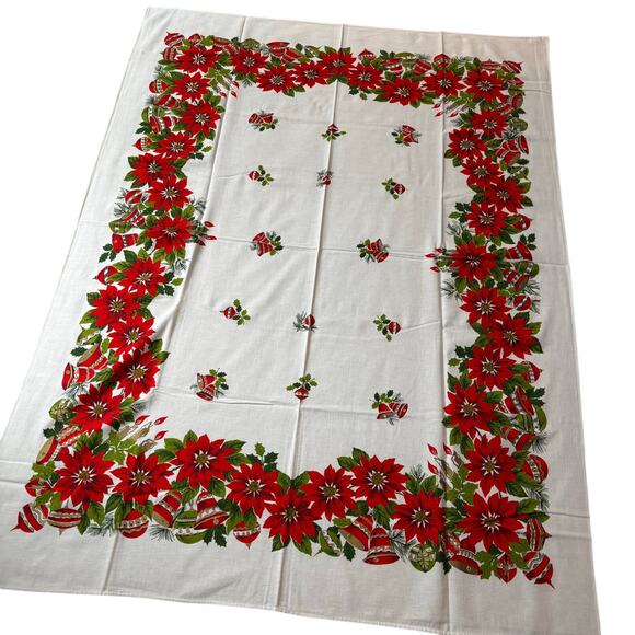 Vintage Christmas tablecloth cotton printed in festive red poinsettias border - Picture 9 of 10